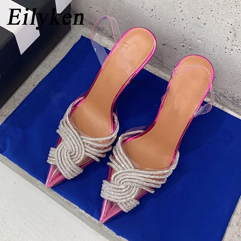 Eilyken Thin High Heels Women Sandals Fashion Transparent PVC Rhinestone Slingbacks Summer Gladiator Party Stripper Prom Shoes