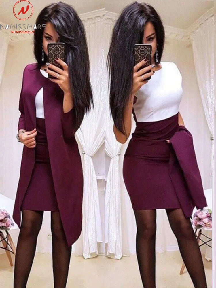 Elegant Women Set for Office Lady Pure Color Patchwork Design Casual O-Collar Slim Autumn/Winter Women Dress 2 Piece Set