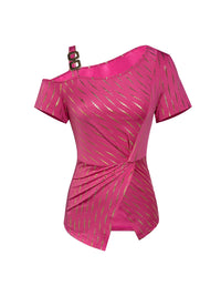 Women's T-shirt Spring Summer Hot Pink Gold Stripe One Shoulder Cutout Twist Front Valentine's Day Sexy Party Top