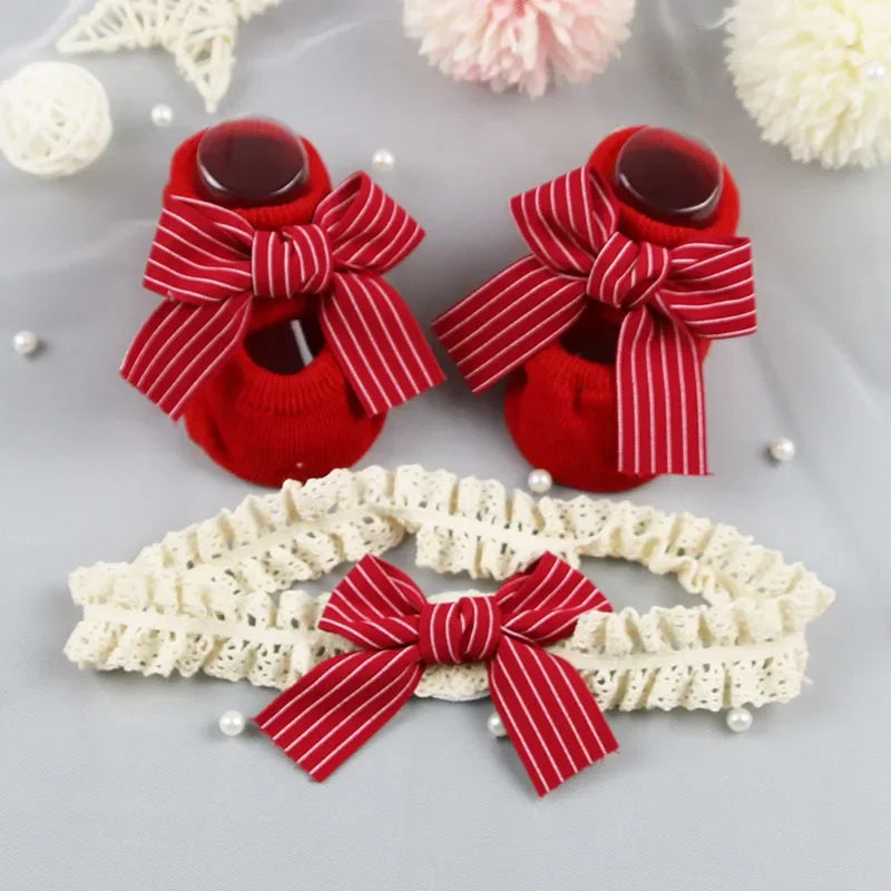 Cute Infant Headband Socks Combo - Breathable Bow Headband & Grip Socks for Baby (1 Set)