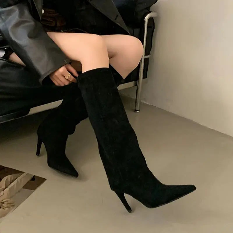 Brown Boots Knee High Long Shoes Woman Pointed Toe High Heels Suede Boots Autumn Winter Black Shoes 2025 New Arrival