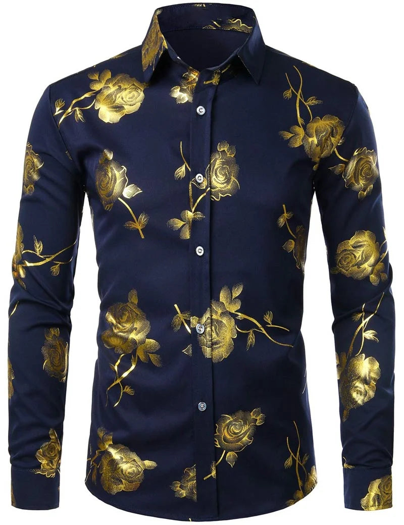 Mens Gold Rose Floral Print Shirts Brand Floral Steampunk Chemise White Long Sleeve Wedding Party Bronzing Camisa Masculina New