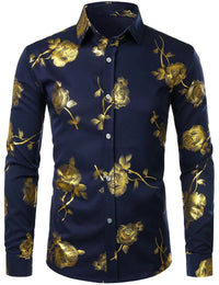 Mens Gold Rose Floral Print Shirts Brand Floral Steampunk Chemise White Long Sleeve Wedding Party Bronzing Camisa Masculina New