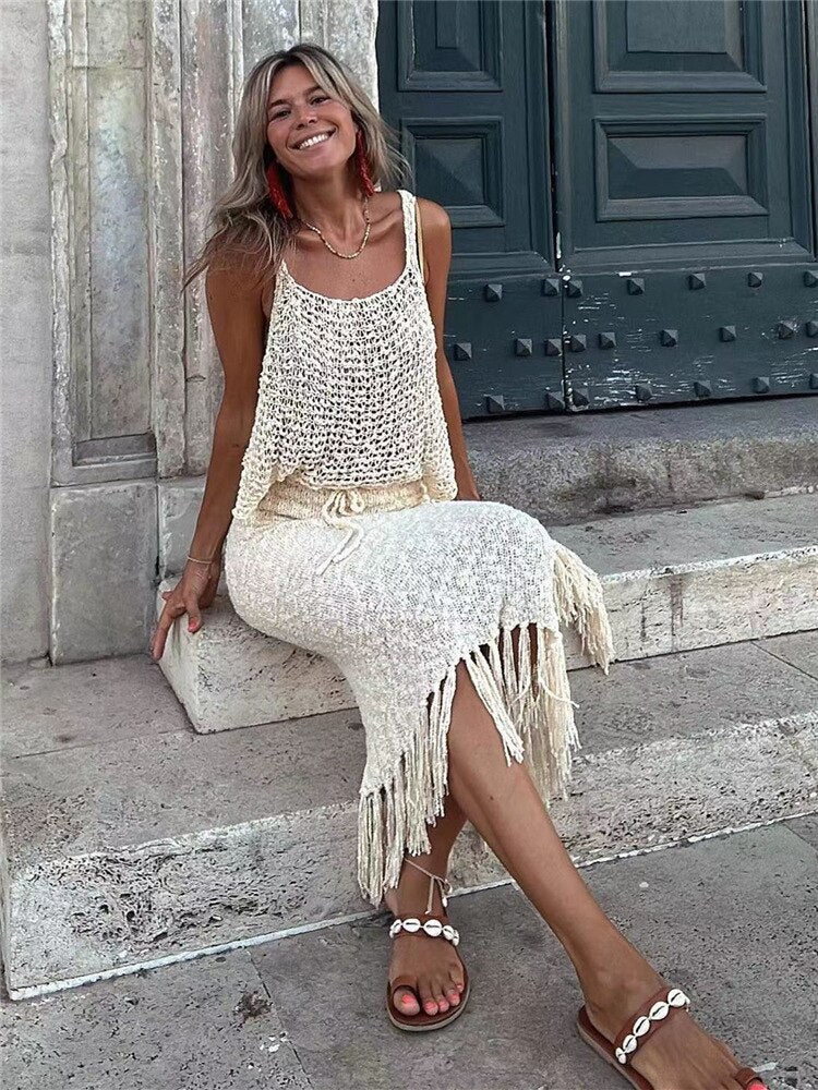 2023 Sexy Camisole Blouse Tassel Beach Long Skirt Two-piece Set