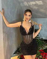 Black Color Women Sleeveless Sexy V-Neck Bodycon Mini Sequins Dress Nightclub Party Celebrate Fashion Birthday Dress