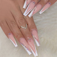 24pcs False Nails with glue flower design Long Coffin French Ballerina Fake Nails Full Cover acrylic Nail