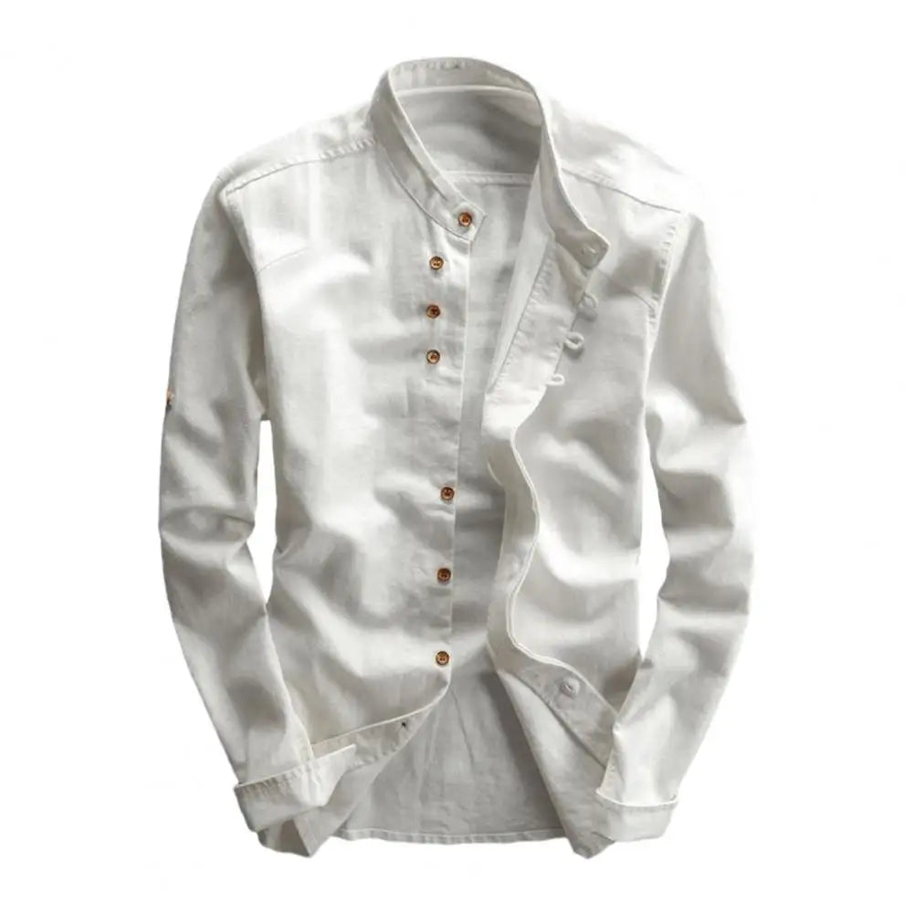 Men's Retro Buckle Long Sleeved Shirt 2025 Spring Autumn Casual Linen Buttoned Shirt Slim Fit Stand Up Collar Shirt Jacket