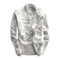 Men's Retro Buckle Long Sleeved Shirt 2025 Spring Autumn Casual Linen Buttoned Shirt Slim Fit Stand Up Collar Shirt Jacket