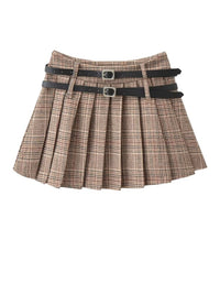 WOMENGAGA Preppy Style High Waist Slim Double Belt Slip Plaid Pleated Skirt Fashion Sexy Korean Women JK Skirts Sweet X8WN