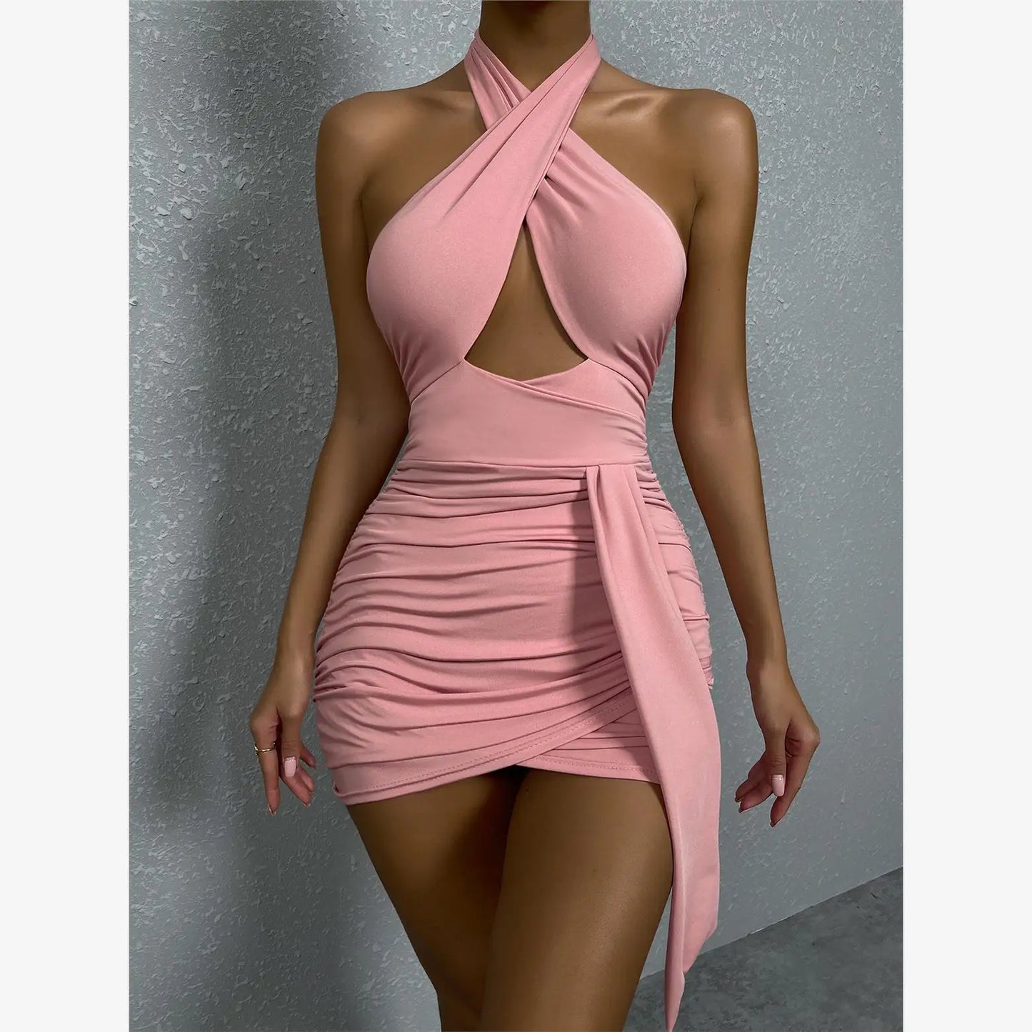 Sexy ort Cross-Ne Bodycon Dr Pink Pleated Bal Tight-Fitting Skirt Street Sle High Waist Polyester Spring Summer