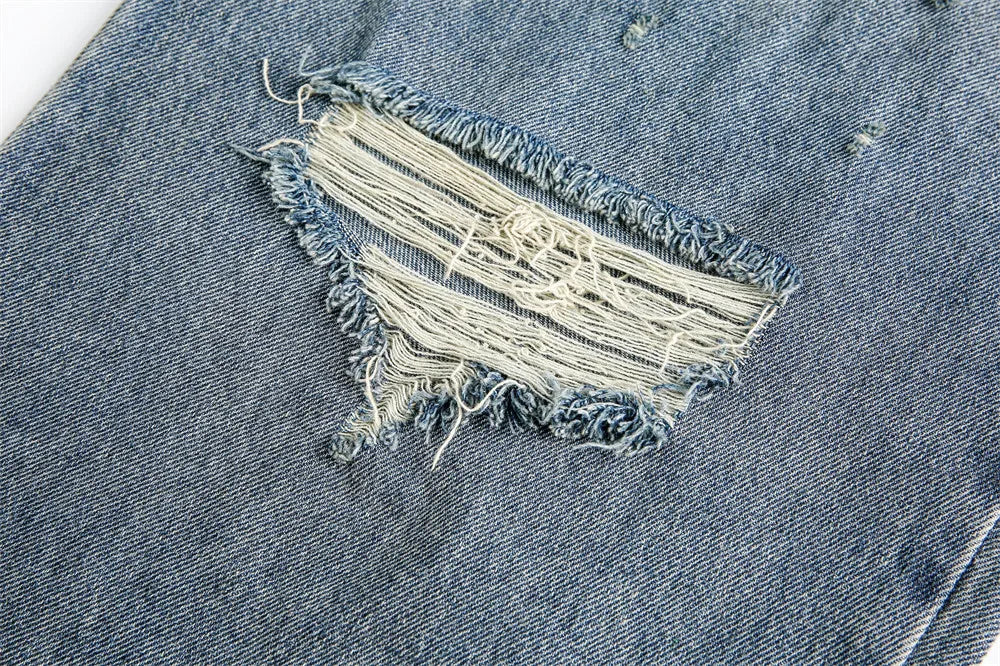 Ripped Jeans Mens With Rivets Pocket Retro High Street Washed Distressed Loose Wide leg Denim Pants Men