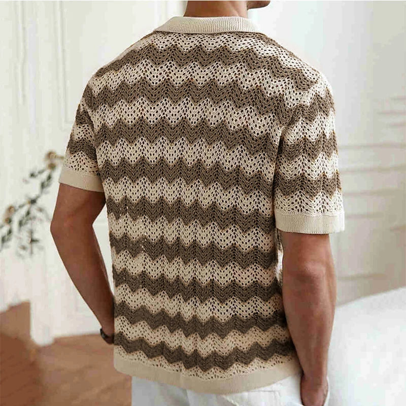 Mens Beach Vintage Striped Crochet Knit Cardigans Men Summer Trendy Lapel Button-up Shirt New Casual Hollow Out Knitted Shirts