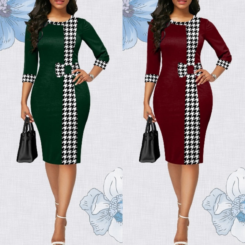 Houndstooth Formal Occasion Dresses Elegant Patchwork Summer Dress Fashion Plus Size Clothes for Women High Waist Party Dresses