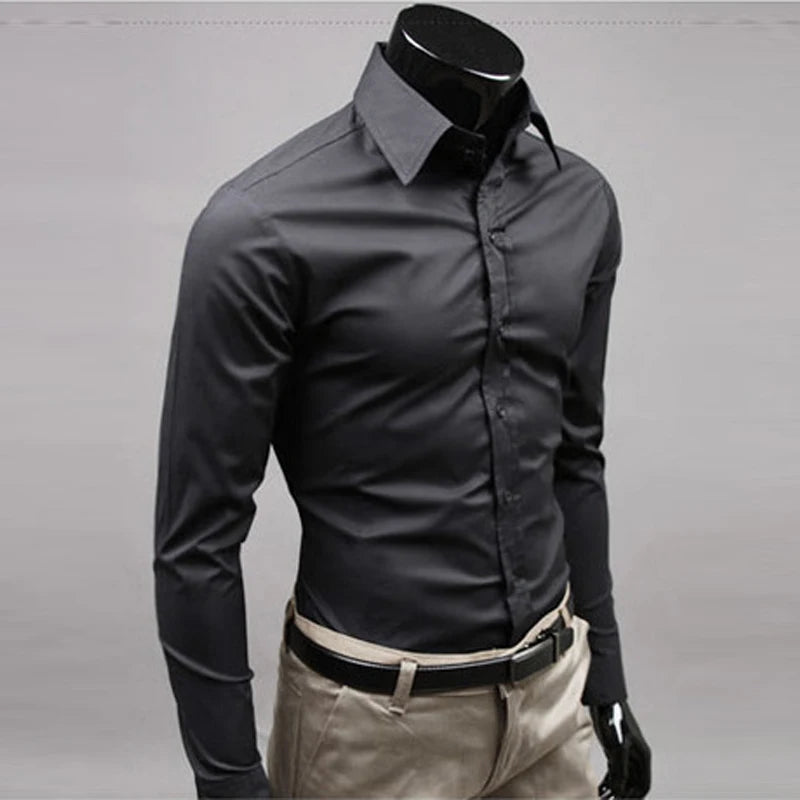 Men\'s Long Sleeve Button Up Shirts Solid Slim Fit Casual Business Formal Dress Shirt Suit for Wedding