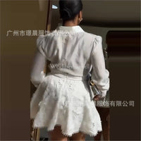 Fashion White Lace Patchwork Long-sleeved Shirt Women Dress Set Autumn New Elegant Lace Lace Short Skirt Woman 2 Piece Skirt Set