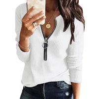 One-Handed Pullover Zipper Style Women's Shirt Long Sleeve Knitted Pure Color Casual Fashion Ladies' Top