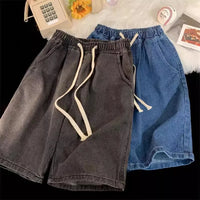 Mens Summer Denim Shorts Loose Fit American Style Casual Washed Elastic Waist Straight Leg Mid Length Shorts