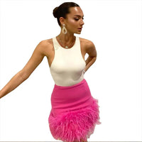 Schintoch New Women Solid Color High Waist Bodycon Pencil Skirt Ladies Sexy Elegant Skirt Feather Trim Mini Skirts