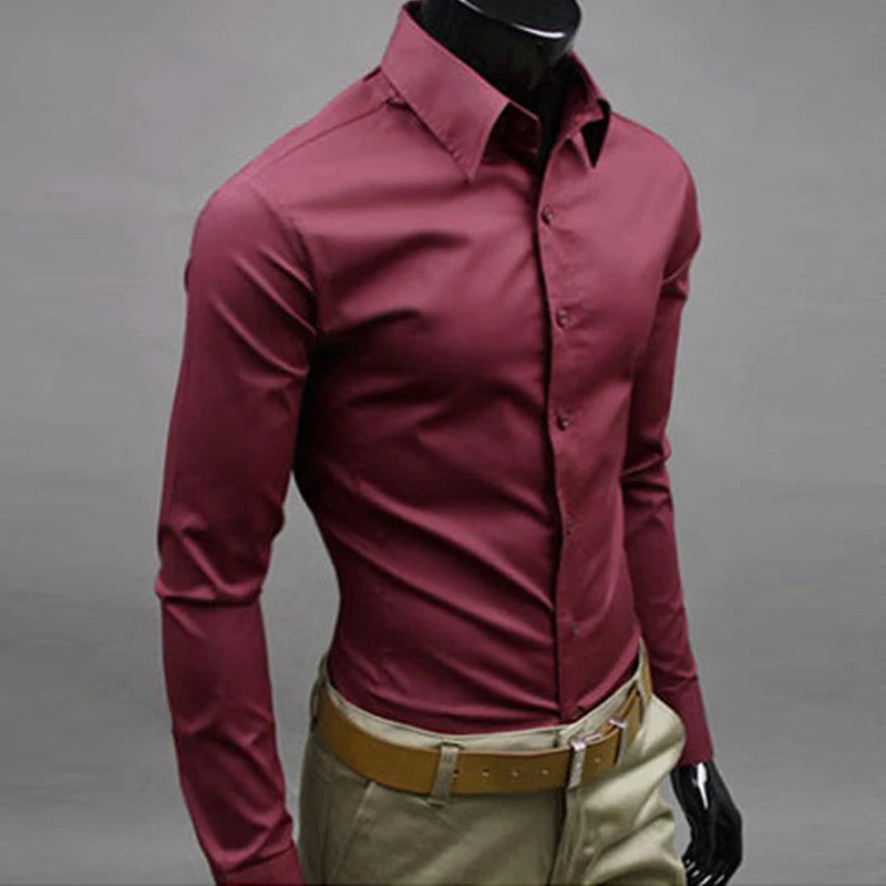 Men\'s Long Sleeve Button Up Shirts Solid Slim Fit Casual Business Formal Dress Shirt Suit for Wedding