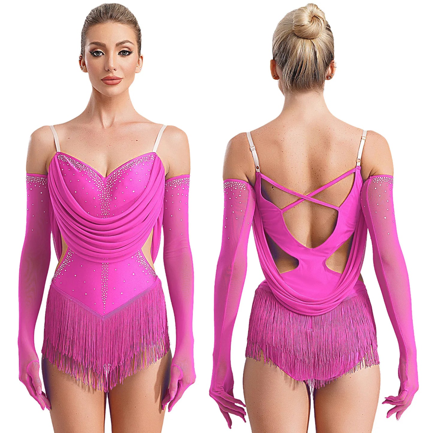 Womens Tassel Jazz Latin Dance Leotard Dress Glittery Rhinestones Adjustable Straps Cutout Fringed Bodysuit with Gloves