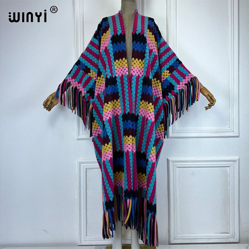 WINYI African Winter color printed tassel hooded cardigan woman abaya outfits for women coat Open Front Kimonos long down poncho