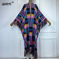 WINYI African Winter color printed tassel hooded cardigan woman abaya outfits for women coat Open Front Kimonos long down poncho