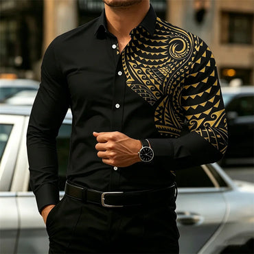 2026 New Men's Long-Sleeve Shirt, Fashionable Pattern Print, Slim Fit, European Size Business Casual Men's Top, Sizes XS-6XL
