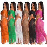 Slash Neck Solid Tops Swimsuit Cover Ups 2 Piece Set Sexy  Holiday Women Hand Crochet Ruffles Tassel Knitted Beach Maxi Dress