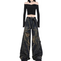 Women Black Gothic Cargo Jeans Harajuku Y2k Japanese 2000s Style Aesthetic Emo Denim Trousers Jean Pants Vintage Trashy Clothes