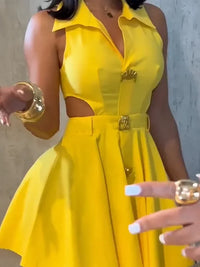 Summer Solid Color High Waist Pleated Dresses Office Lady Lapel Button A-line Dress Sexy Hollow Out Sleeveless Slim Short Dress