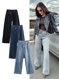 HH Women's Street Fashion Wide-leg Jeans Double-clad Pants With Pockets High Waist Solid Asymmetric Retro Straight Trousers