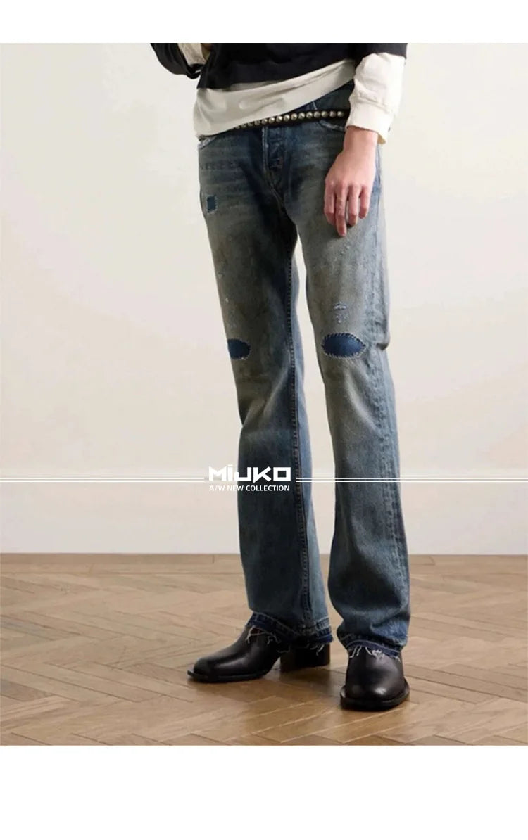MIJKO Washed Frayed Vintage Jeans Pants Mens Straight Retro Casual Denim Trousers Cargos FJ069