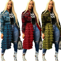 Camouflage Bomber Jacket Women Autumn Winter Streetwear Harajuku Jackets Layered Ruffle Long Coat Outwear Chaquetas
