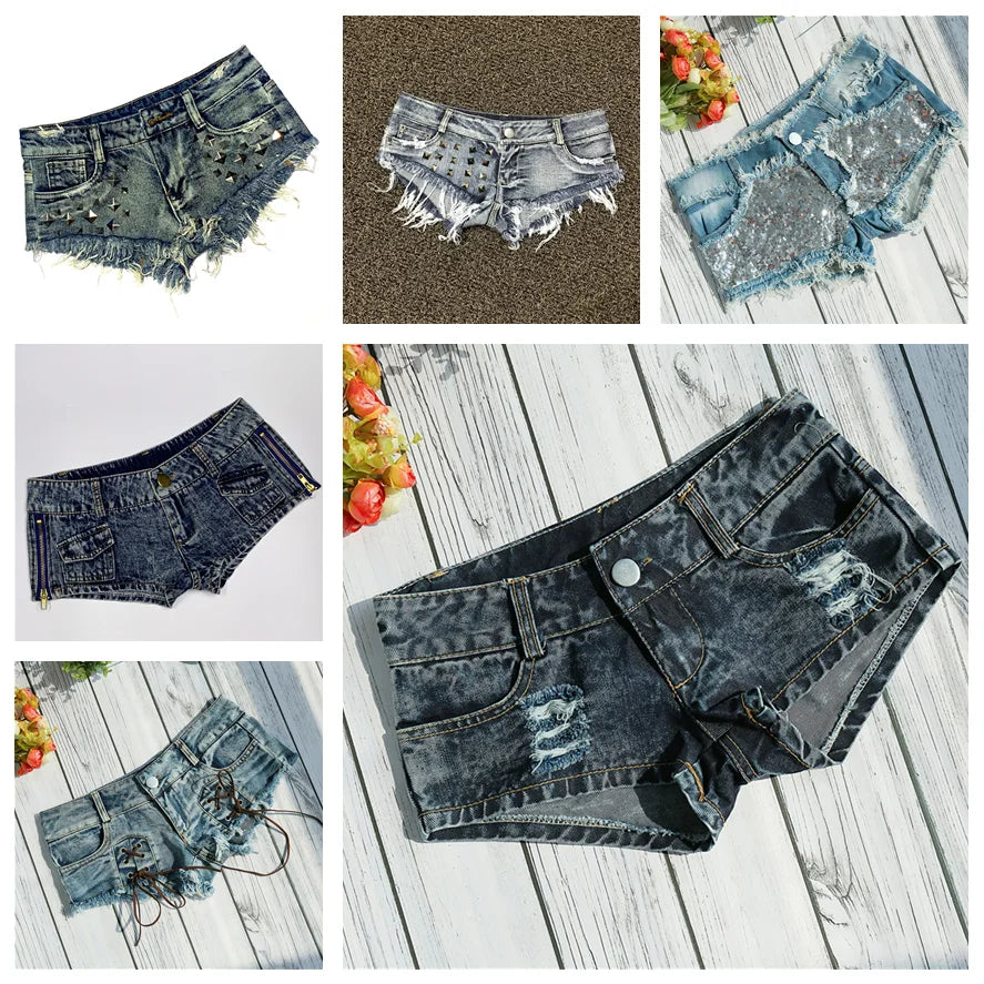 New Women Sexy Cut Off Hole Sequined Low Waist Denim Jeans Shorts Mini Hot Pants Booty Shorts 12 Colors