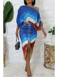 Geometric Print Short-Sleeve Ruffled Crop Top with Drawstring Split Midi Skirt 2-Piece Outfit