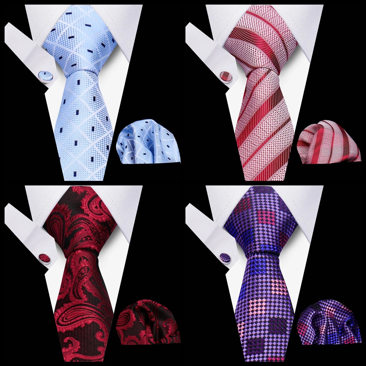 Tie Men Business Necktie Set Classic Plaid Cufflinks Handkerchief For Suit Wedding High Quality 3pcs Ties Sets Formal Gravata