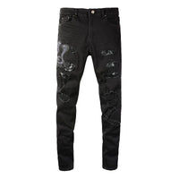 Men Snake Embroidery Jeans Skinny Tapered Stretch Denim Pants Streetwear Holes Ripped Leather Patch Patchwork Trousers Black