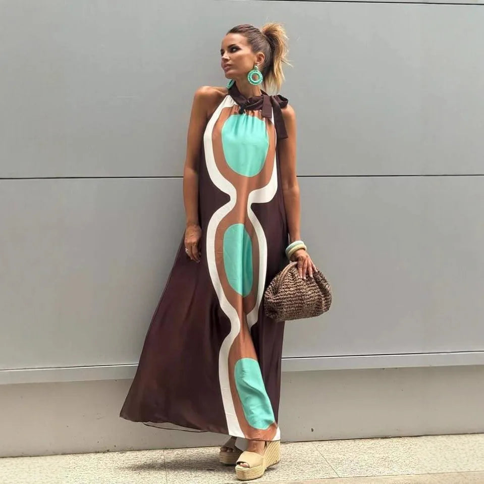 Casual Print Halter Neck Leace-up Long Dresses Women Summer New Vacation Style Loose Maxi Dress Female Vintage Commuting Vestido