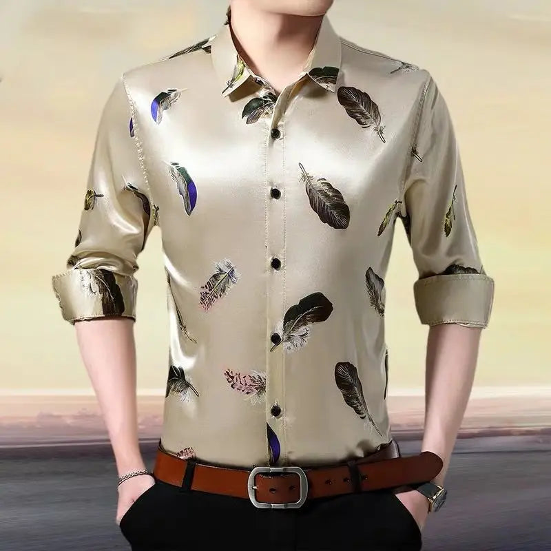 Streetwear Fashion Men Silk Smooth Shirt Spring Autumn New Male Clothes Business Casual Vintage Long Sleeve Basic Casual Tops