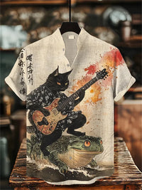 Men's short-sleeved shirt with cat and dinosaur print, casual and stylish vacation-style men's top, fashionable Hawaiian design.