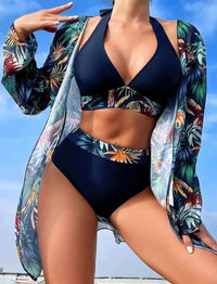 High Waist Multicolor Printed Long Sleeve Coverup Three Piece Bikini Split 2023 New Women Swimwear Female Bathing Suit Beachwear