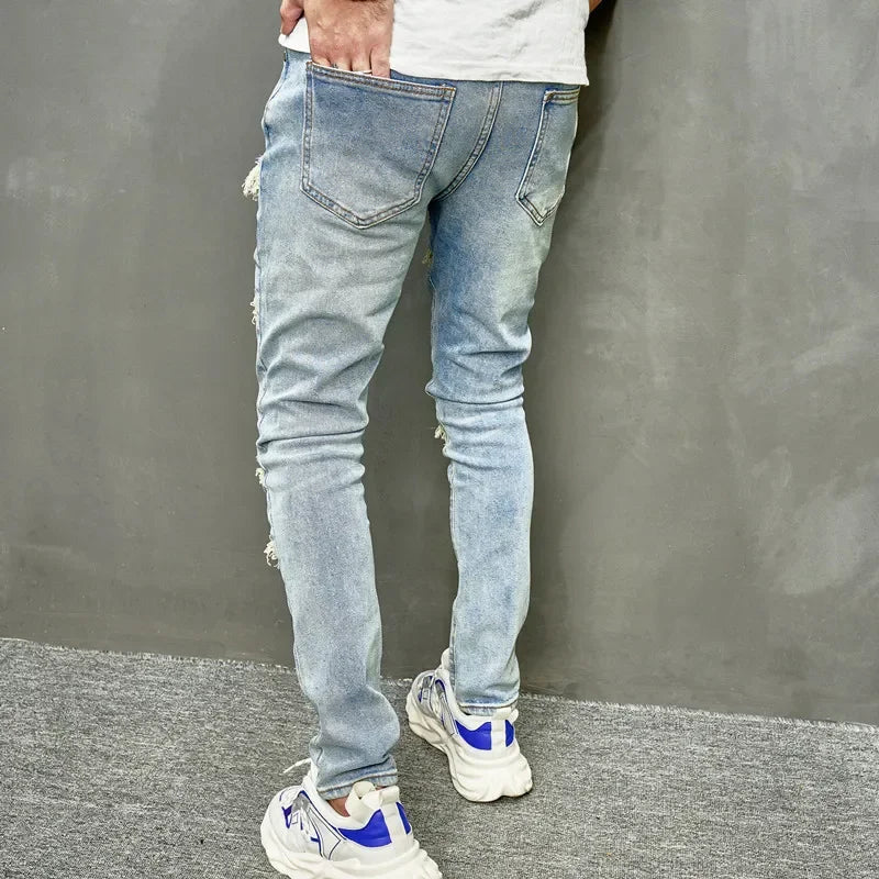 Skinny Denim Pants Men Jeans Holes Vintage Wash Pencil Pants 2025 Pockets Solid Casual Slim Fit Punk Style Spliced Distressed