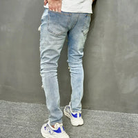 Skinny Denim Pants Men Jeans Holes Vintage Wash Pencil Pants 2025 Pockets Solid Casual Slim Fit Punk Style Spliced Distressed
