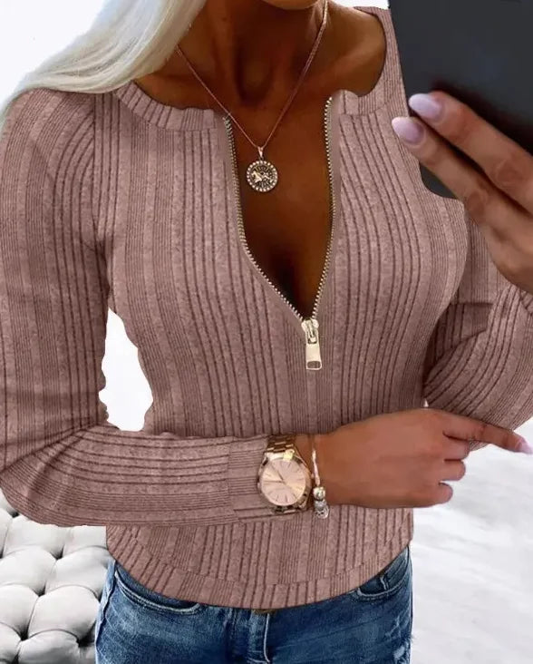 Women's Zip-Up Long Sleeve Blouse - Chic Zipper Front, Semi-Sheer Elegant Tops for Casual Formal Outfits, Easy-Care Machine Wash