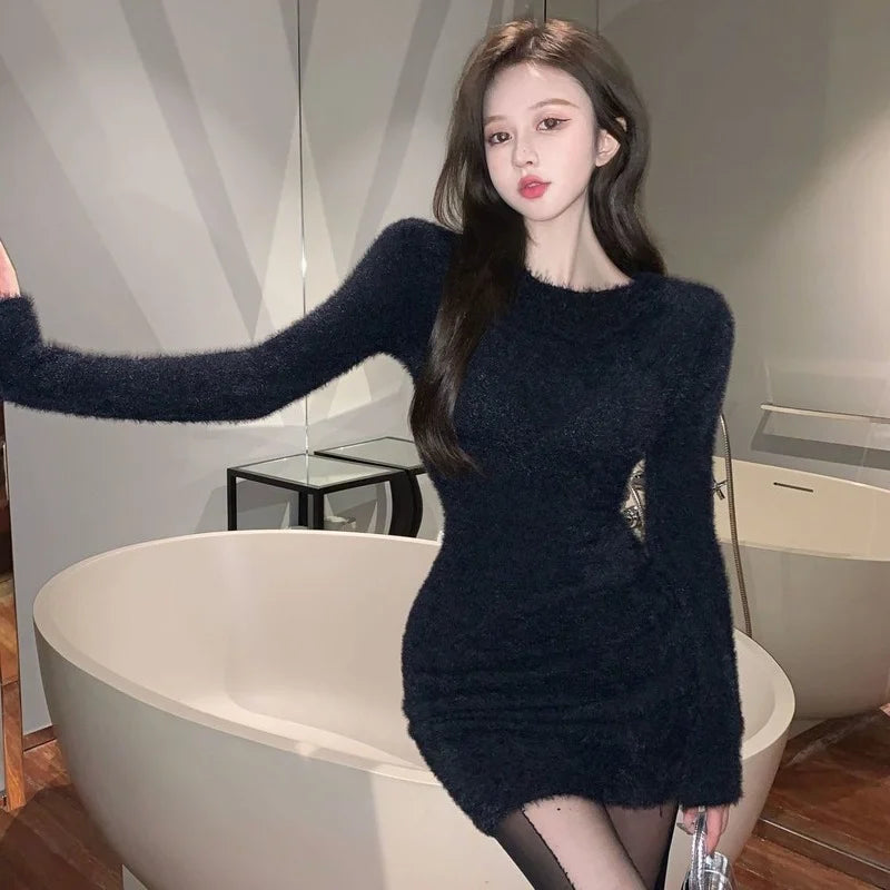 Long Sleeve Dress Women Solid Hollow Out Fashion Sexy All-match New Cozy Slender Daily Ulzzang Casual Winter Warm Clubwear Ins