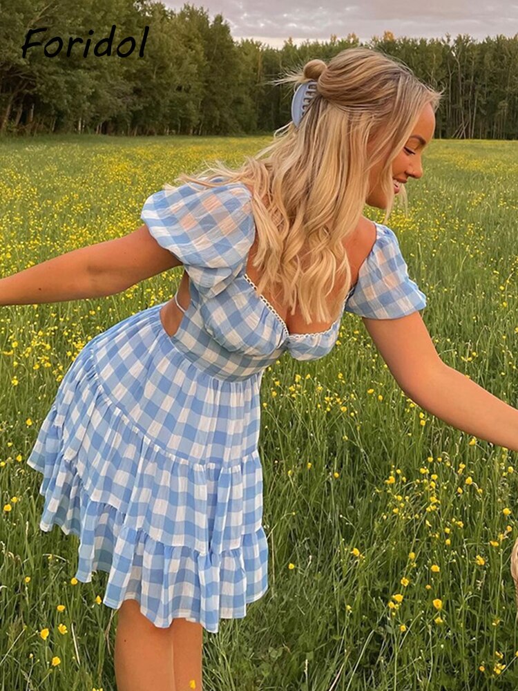 Foridol Lace Up Backless Gingham Chiffon Summer Dress Vintage A-line Puff Sleeve Plaid Short Dress Chic Blue Holiday Dress 2023