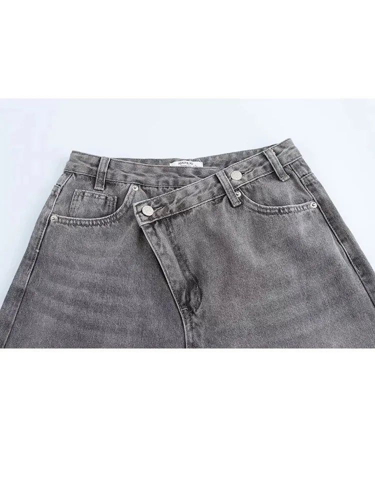 HH Women's Street Fashion Wide-leg Jeans Double-clad Pants With Pockets High Waist Solid Asymmetric Retro Straight Trousers