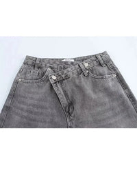 HH Women's Street Fashion Wide-leg Jeans Double-clad Pants With Pockets High Waist Solid Asymmetric Retro Straight Trousers