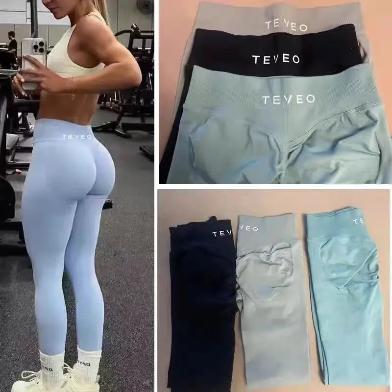 TEVEO Leggings Leggings de yoga sans couture pour femmes Corset taille moyenne collants de fitness hanches à volants Leggings d'