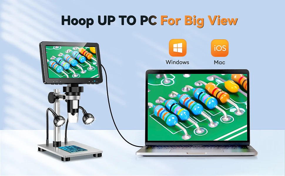 DM9 Digital Microscope with 7inch IPS Screen 1200x Coin Microscope Soldering Microscopios for Repairing With 10 LEDs， PC View